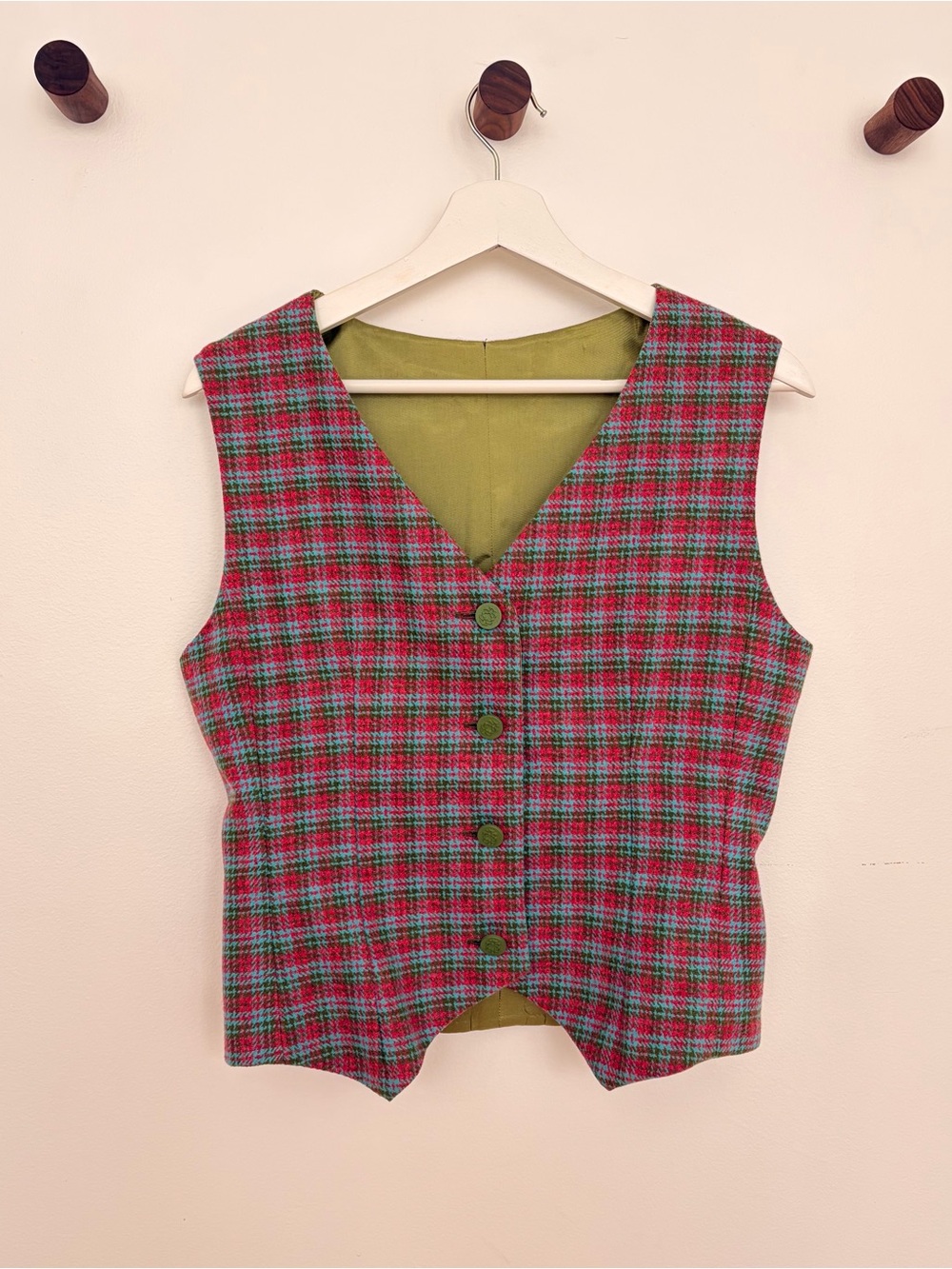Vintage Magenta and Green Plaid Button Vest